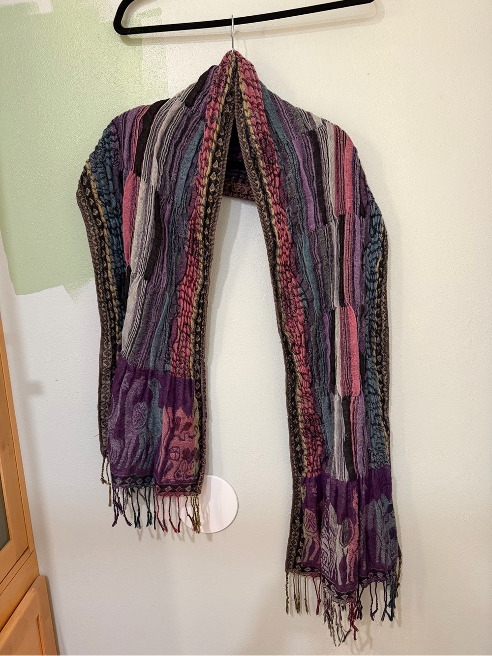 Striped Multicolor Hand Knit Scarf Made In Peru- Purple & Pink Accent